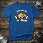 Sorry Im Late I Was Nap Trapped royal blue t-shirt with adorable
sleeping golden doodle with floating Z's in warm golden tones,
funny doodle mom nap trapped tee and dog parent gift