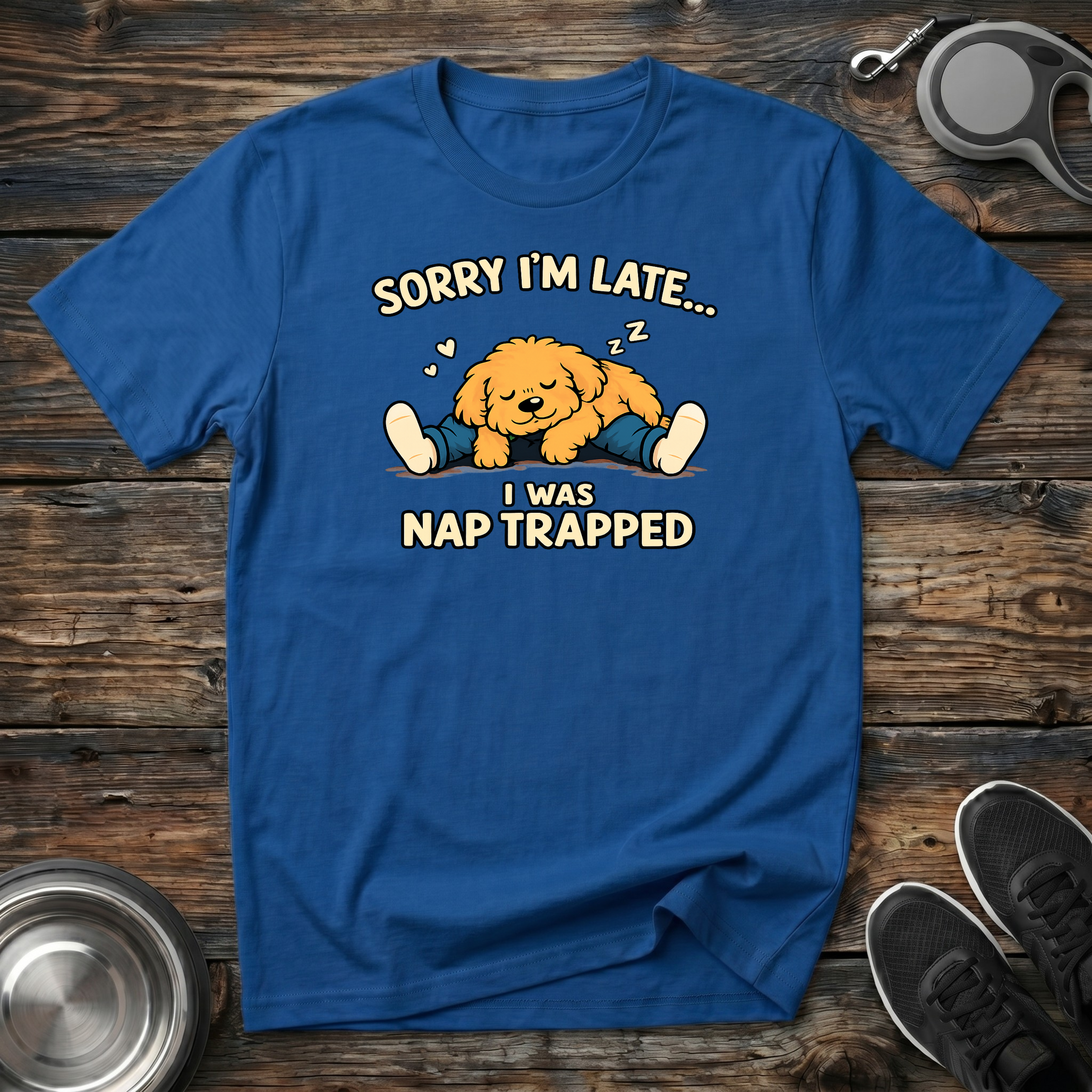 Sorry Im Late I Was Nap Trapped royal blue t-shirt with adorable
sleeping golden doodle with floating Z's in warm golden tones,
funny doodle mom nap trapped tee and dog parent gift