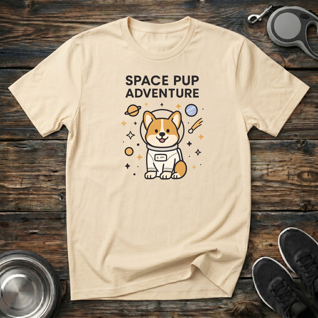 Cream unisex t-shirt with kawaii Corgi astronaut illustration surrounded by stars and planets and bold "Space Pup Adventure" text — cute dog lover graphic tee
