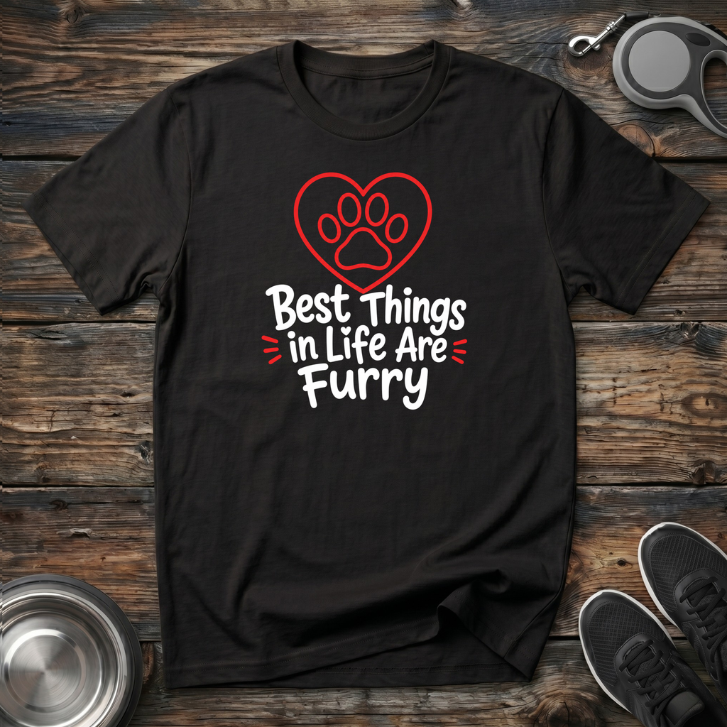 Best Things in Life Are Furry black t-shirt with bold red
heart paw print and playful white script typography,
funny universal pet lover tee and dog mom cat mom gift