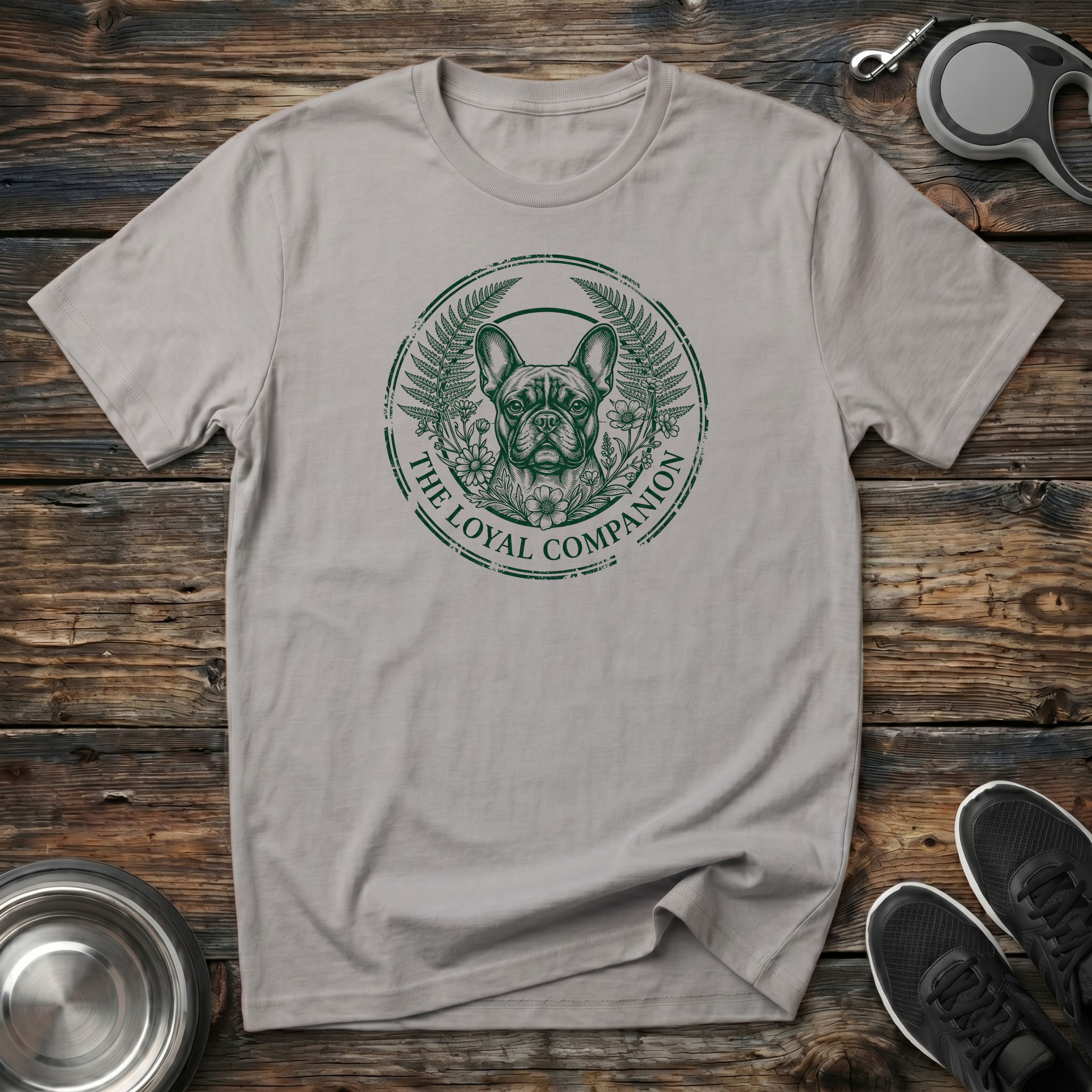 The Loyal Companion natural stone t-shirt with stunning dark
forest green botanical French Bulldog portrait in intricate
fern and floral wreath circle, elegant Frenchie lover tee