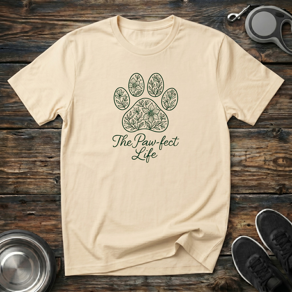 The Paw-fect Life Floral Paw Print T-Shirt – Elegant Dog Lover Graphic Tee for Pet Parents