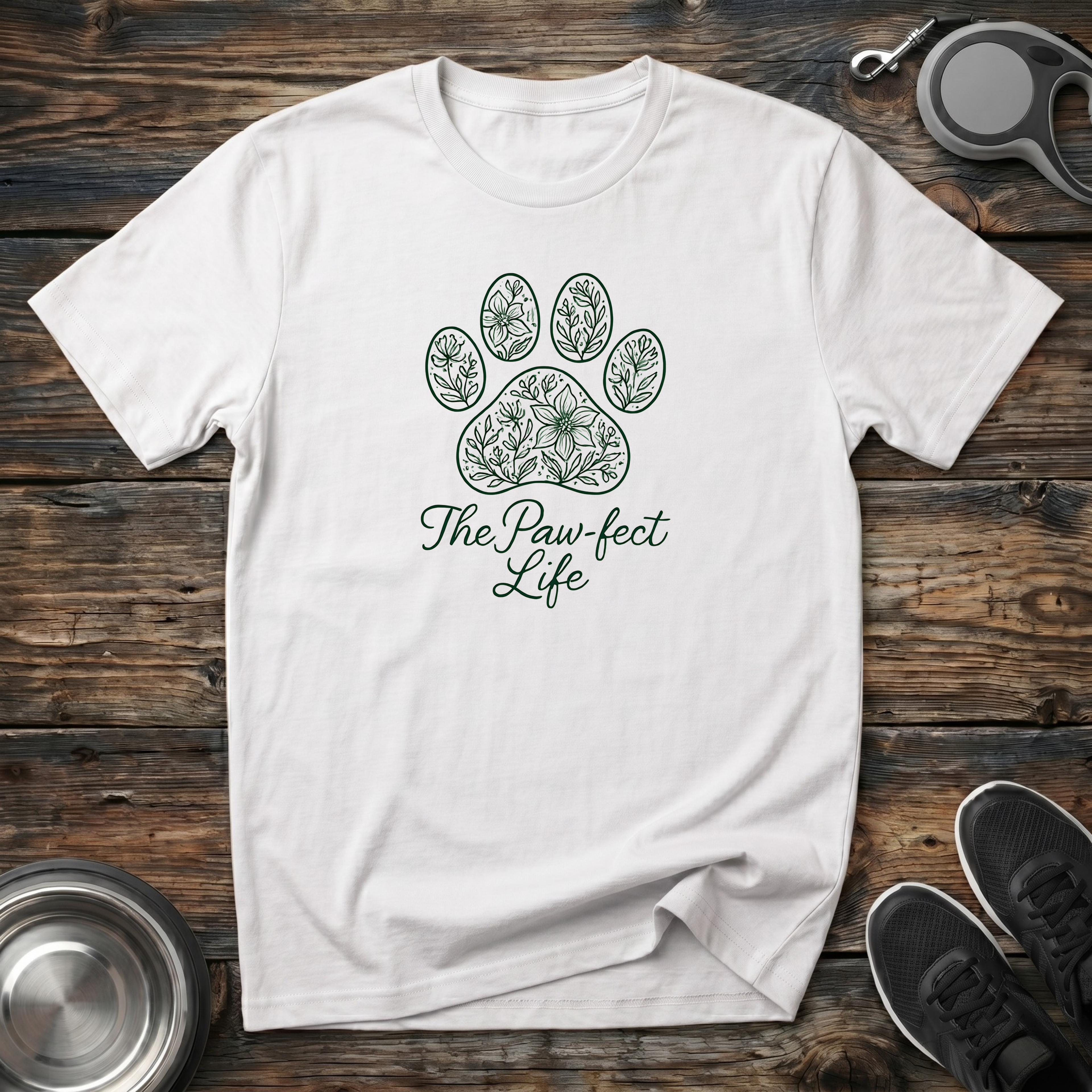 The Paw-fect Life Floral Paw Print T-Shirt – Elegant Dog Lover Graphic Tee for Pet Parents
