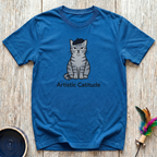 Artistic Catitude cornflower blue t-shirt with charming tabby
cat wearing French beret in clean black illustration,
funny art lover cat pun tee and cat mom creative gift