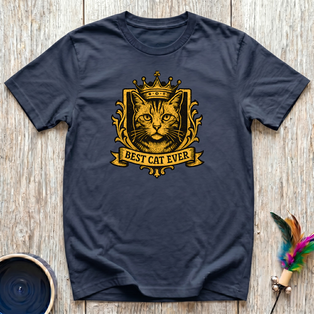 Best Cat Ever deep navy t-shirt with stunning ornate royal
heraldic crest featuring crowned tabby cat in rich baroque
gold detailing, funny regal cat lover tee and cat mom gift