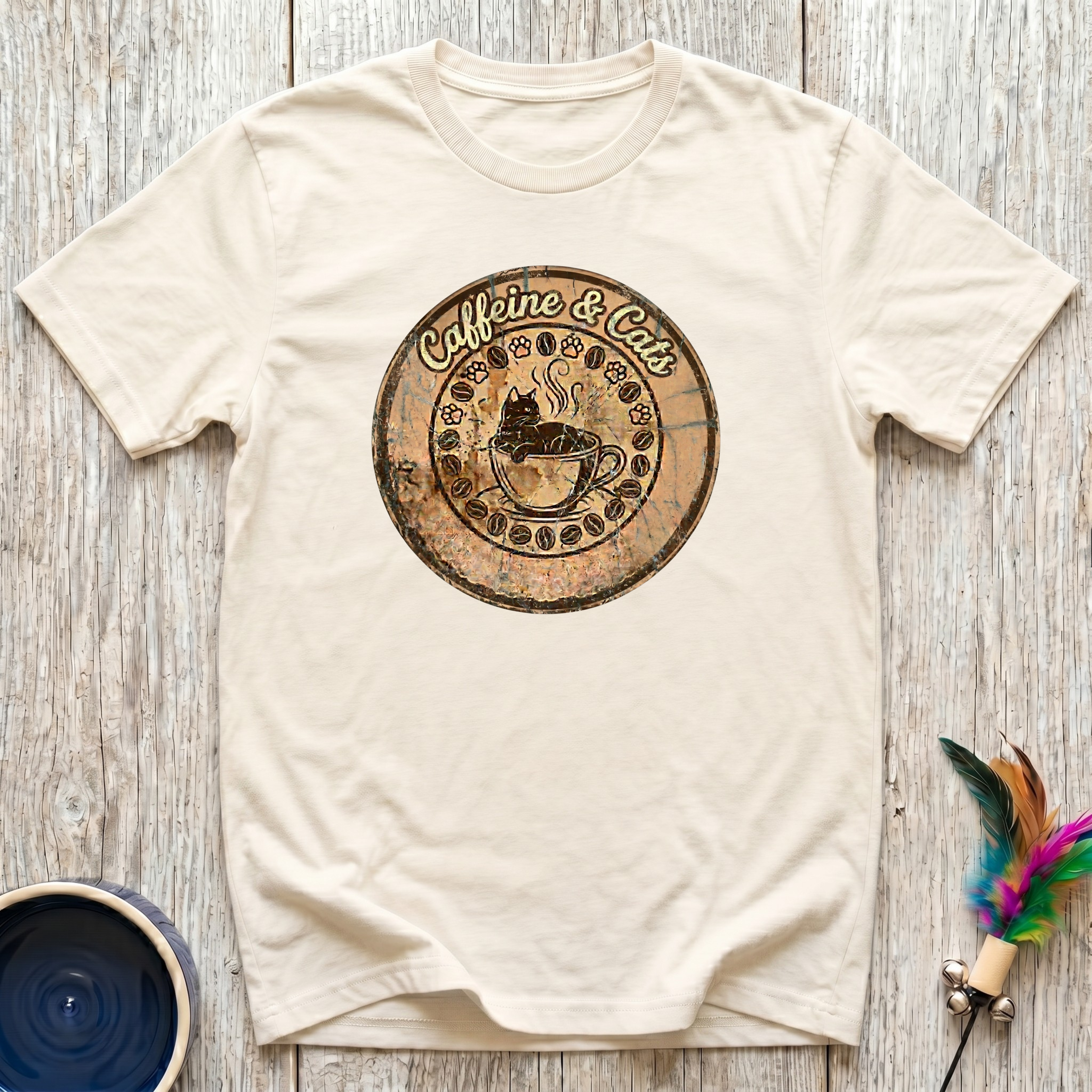 Caffeine & Cats T-Shirt | Vintage Wood Burn Coffee Cat Tee | Cat Mom Coffee Gift