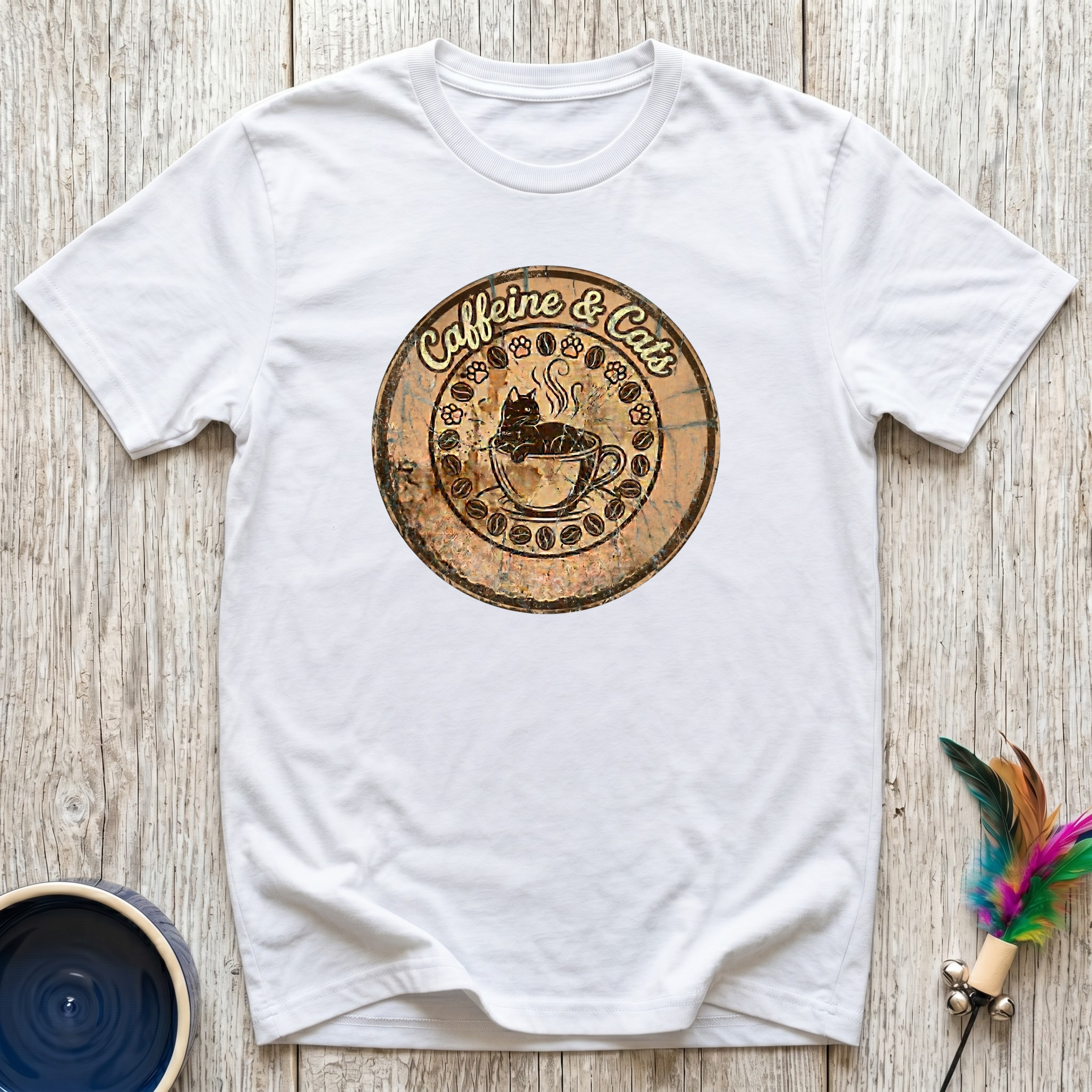 Caffeine & Cats T-Shirt | Vintage Wood Burn Coffee Cat Tee | Cat Mom Coffee Gift
