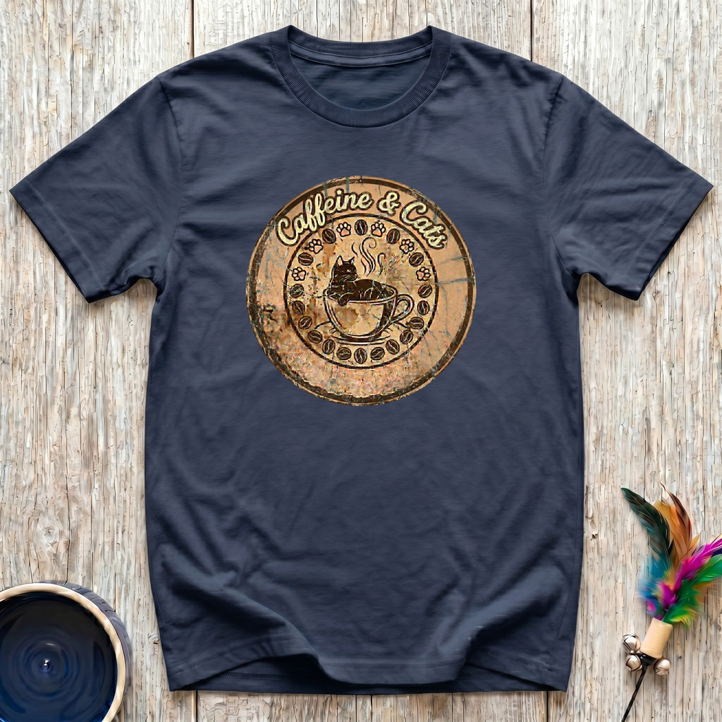 Caffeine & Cats T-Shirt | Vintage Wood Burn Coffee Cat Tee | Cat Mom Coffee Gift