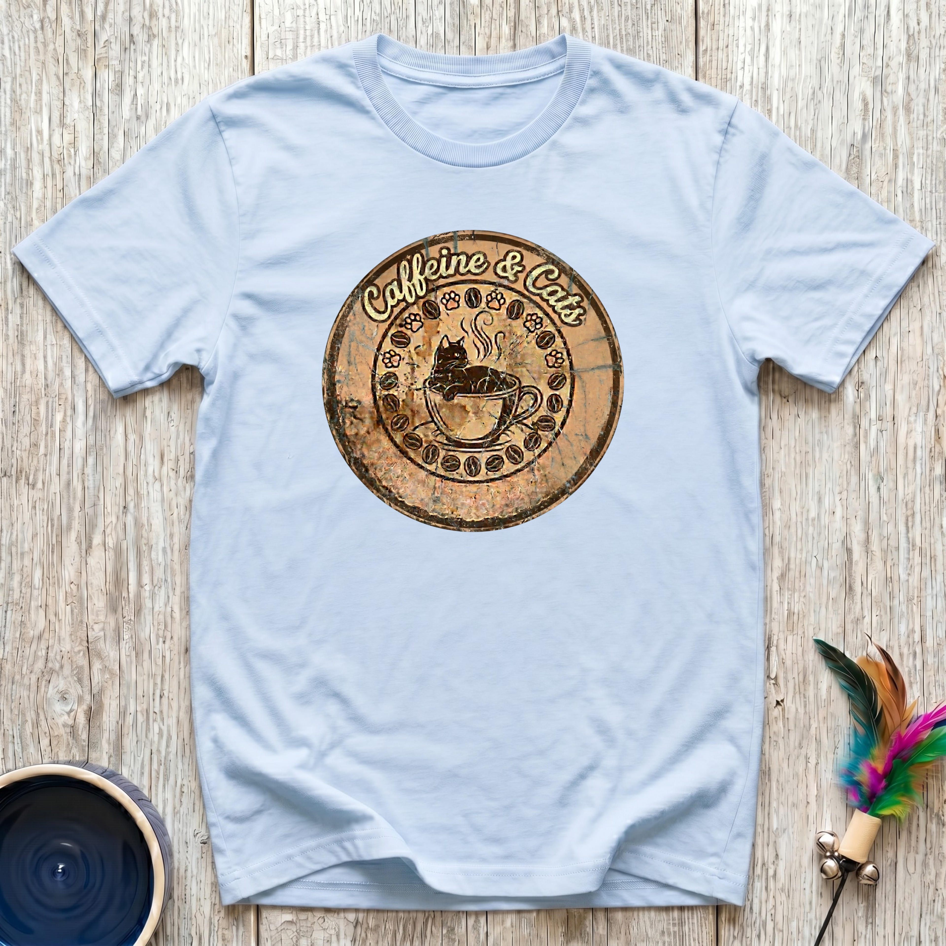 Caffeine & Cats T-Shirt | Vintage Wood Burn Coffee Cat Tee | Cat Mom Coffee Gift