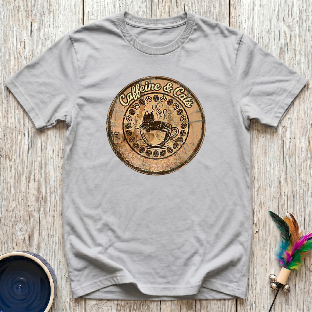 Caffeine & Cats T-Shirt | Vintage Wood Burn Coffee Cat Tee | Cat Mom Coffee Gift