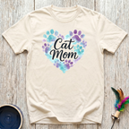 Cat Mom natural cream t-shirt with stunning watercolor heart
of teal purple and lavender paw prints with elegant script,
beautiful cat mom tee and mother's day cat lover gift