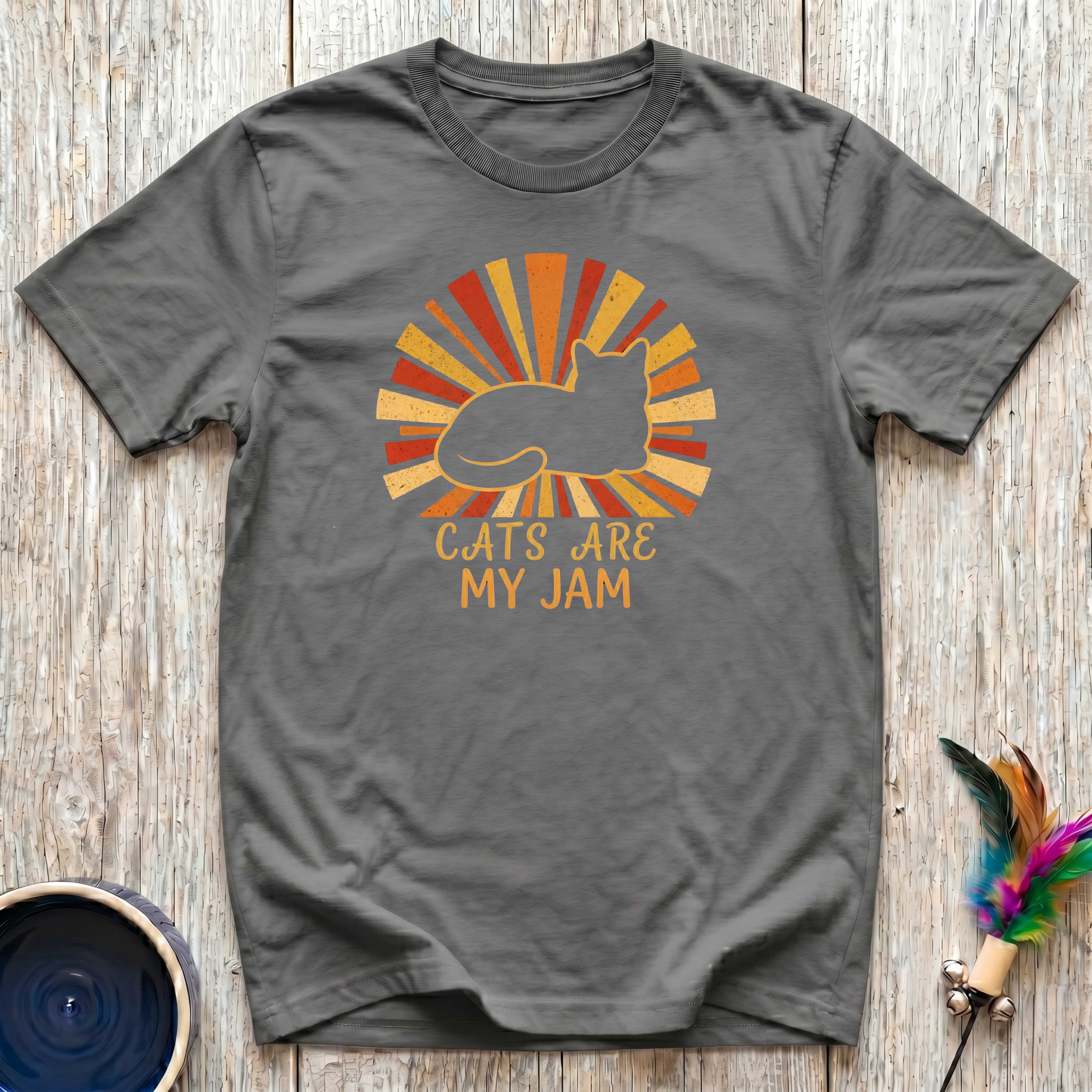 Cats Are My Jam charcoal t-shirt with bold retro sunburst
cat silhouette in warm rust orange and gold rays,
funny vintage boho cat lover tee and cat mom dad gift