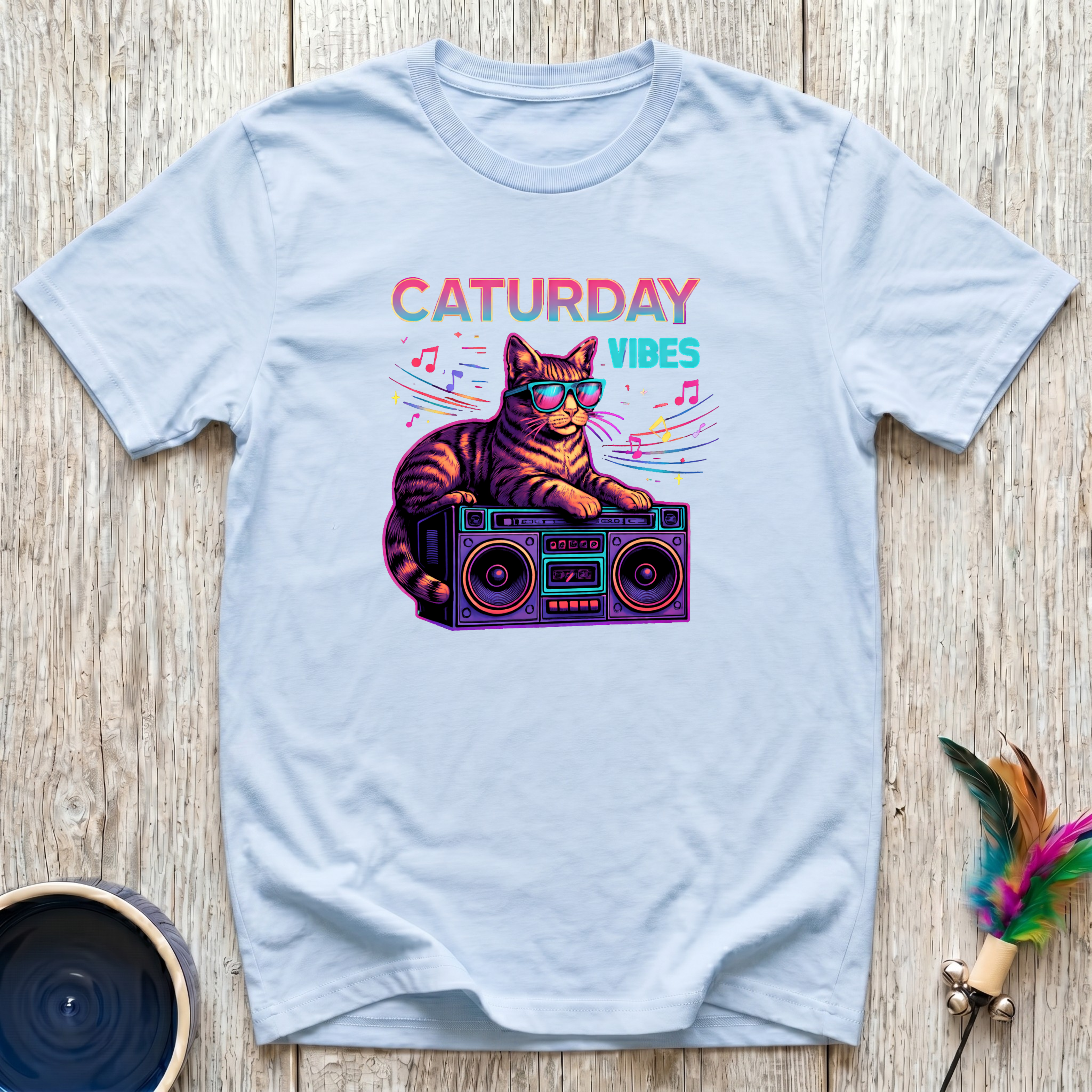 Caturday Vibes Funny Cat Graphic T-Shirt – Retro Boombox Cat Tee for Cat Lovers & Cat Moms