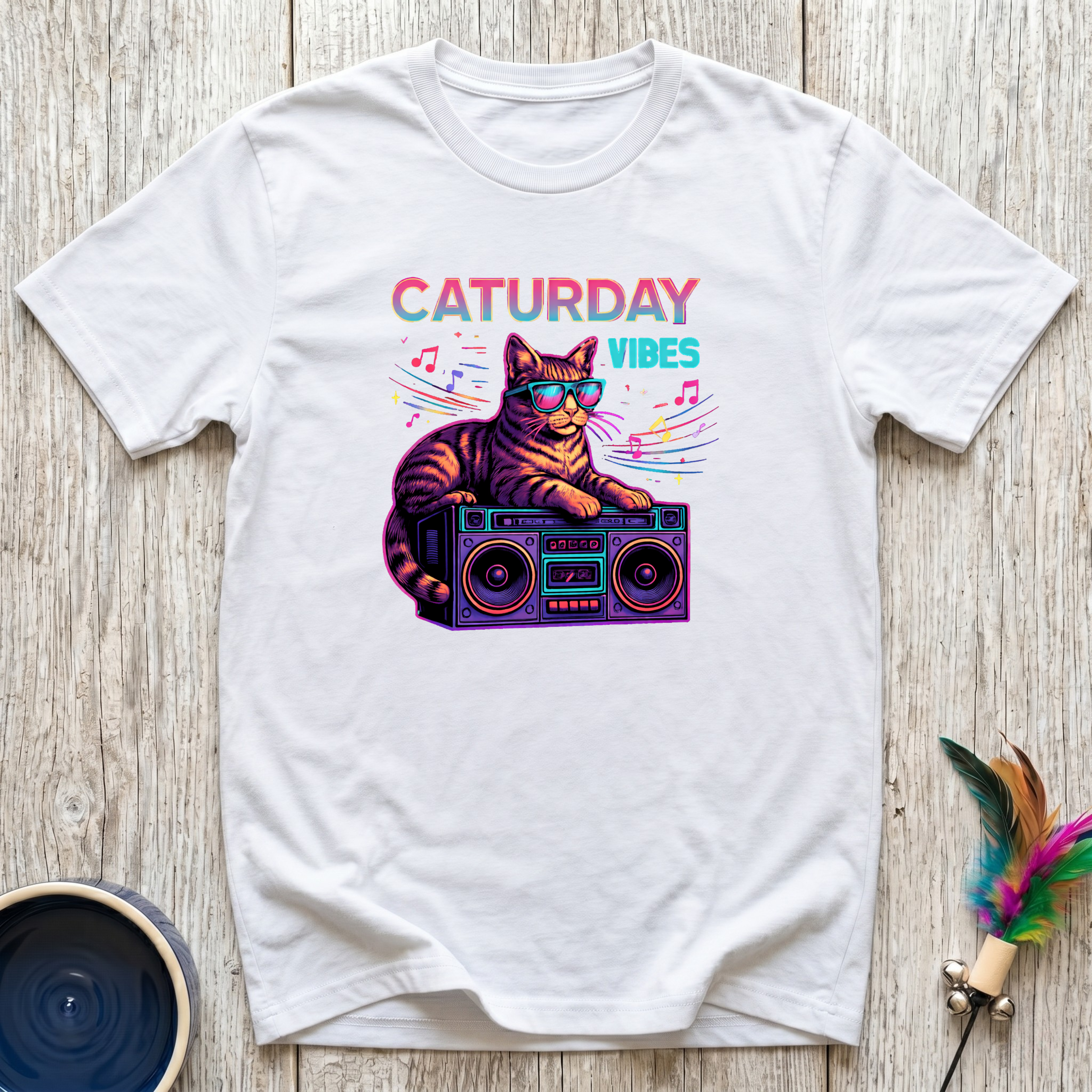 Caturday Vibes Funny Cat Graphic T-Shirt – Retro Boombox Cat Tee for Cat Lovers & Cat Moms