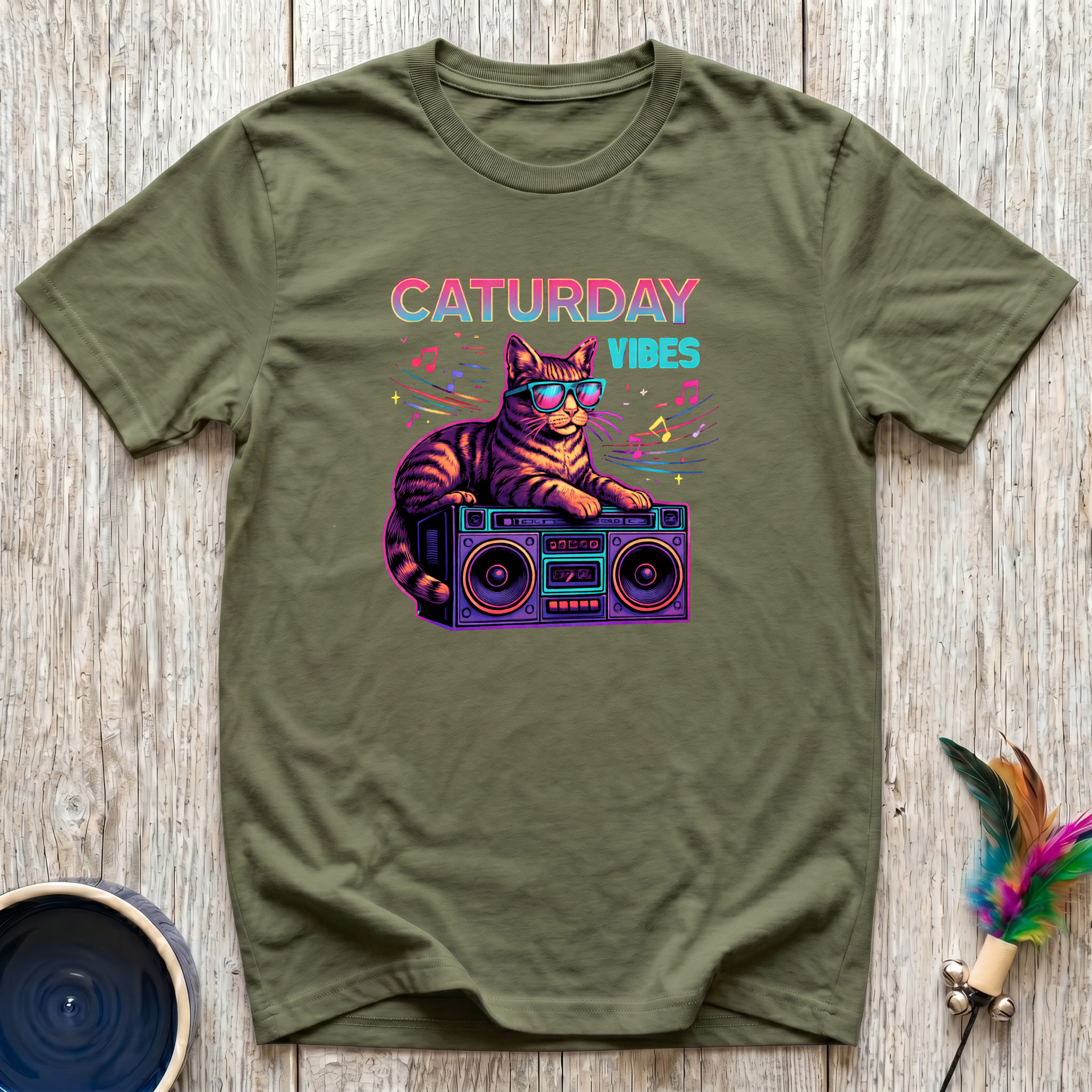 Caturday Vibes Funny Cat Graphic T-Shirt – Retro Boombox Cat Tee for Cat Lovers & Cat Moms