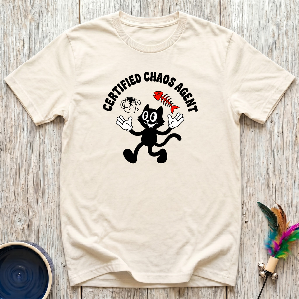 Certified Chaos Agent T-Shirt | Funny Cat Lover Retro Tee | Cat Mom Dad Gift
