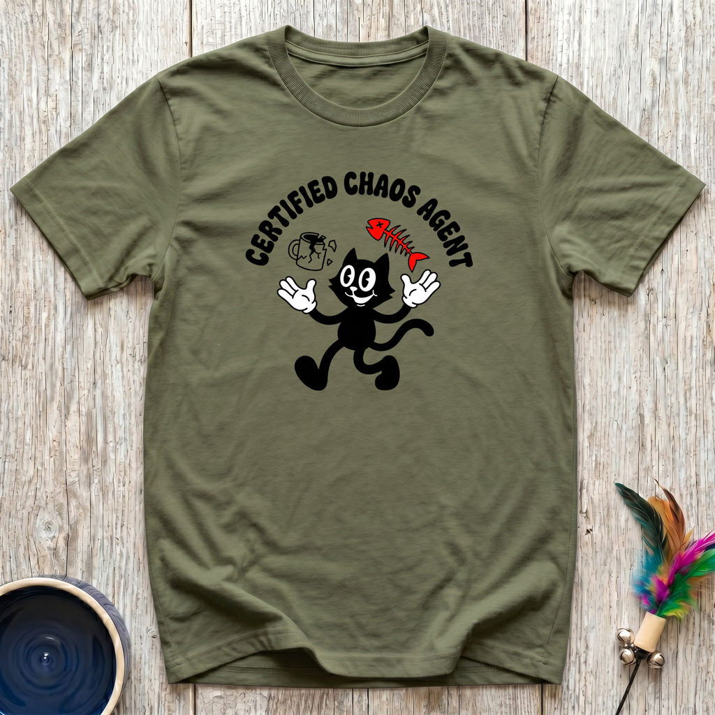 Certified Chaos Agent T-Shirt | Funny Cat Lover Retro Tee | Cat Mom Dad Gift