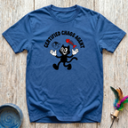 Certified Chaos Agent slate blue t-shirt with vintage retro
cartoon cat holding fish skeleton and yarn in black and red,
funny cat humor tee and cat mom dad chaos agent gift