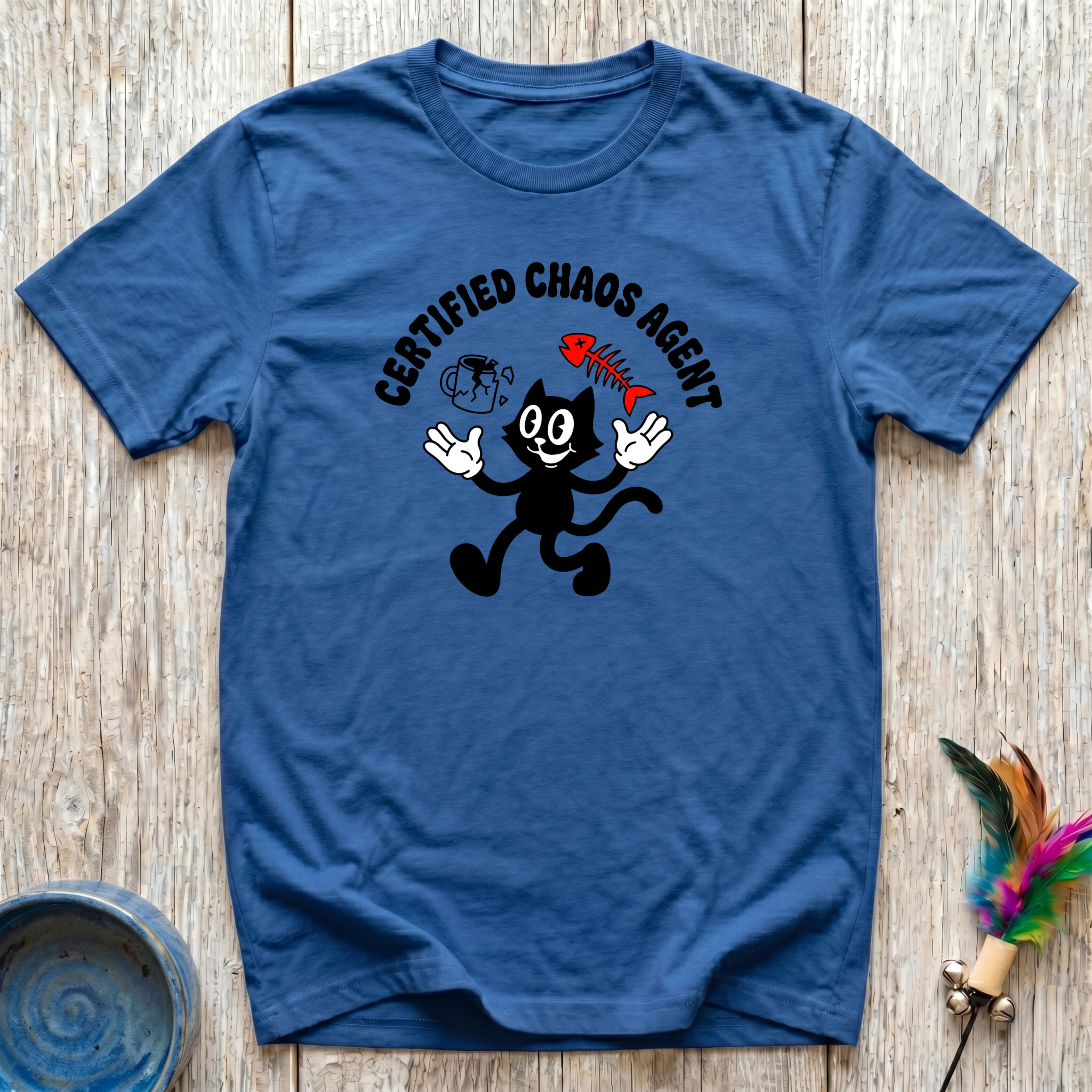 Certified Chaos Agent slate blue t-shirt with vintage retro
cartoon cat holding fish skeleton and yarn in black and red,
funny cat humor tee and cat mom dad chaos agent gift