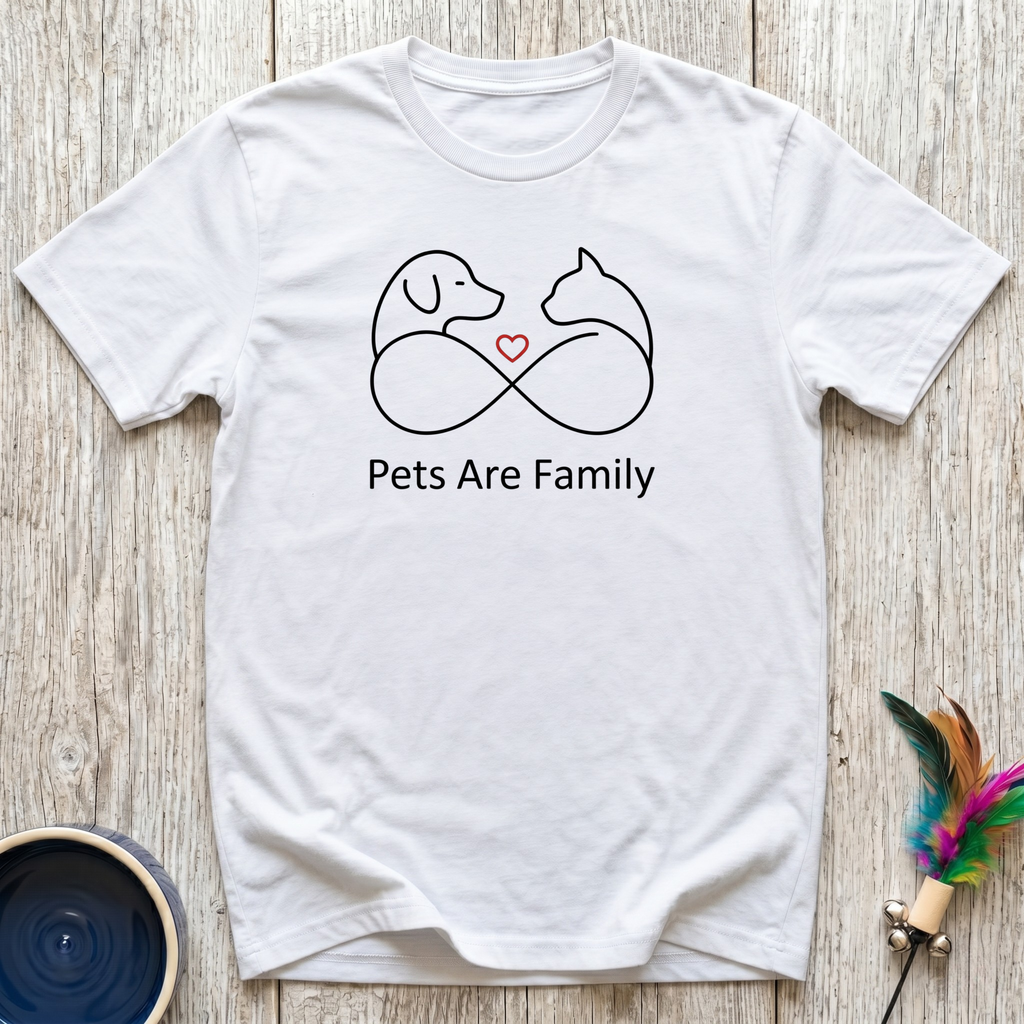 Pets Are Family white t-shirt with stunning minimalist infinity
line art of dog and cat facing each other with delicate red heart,
elegant pet lover tee and dog cat mom dad family gift