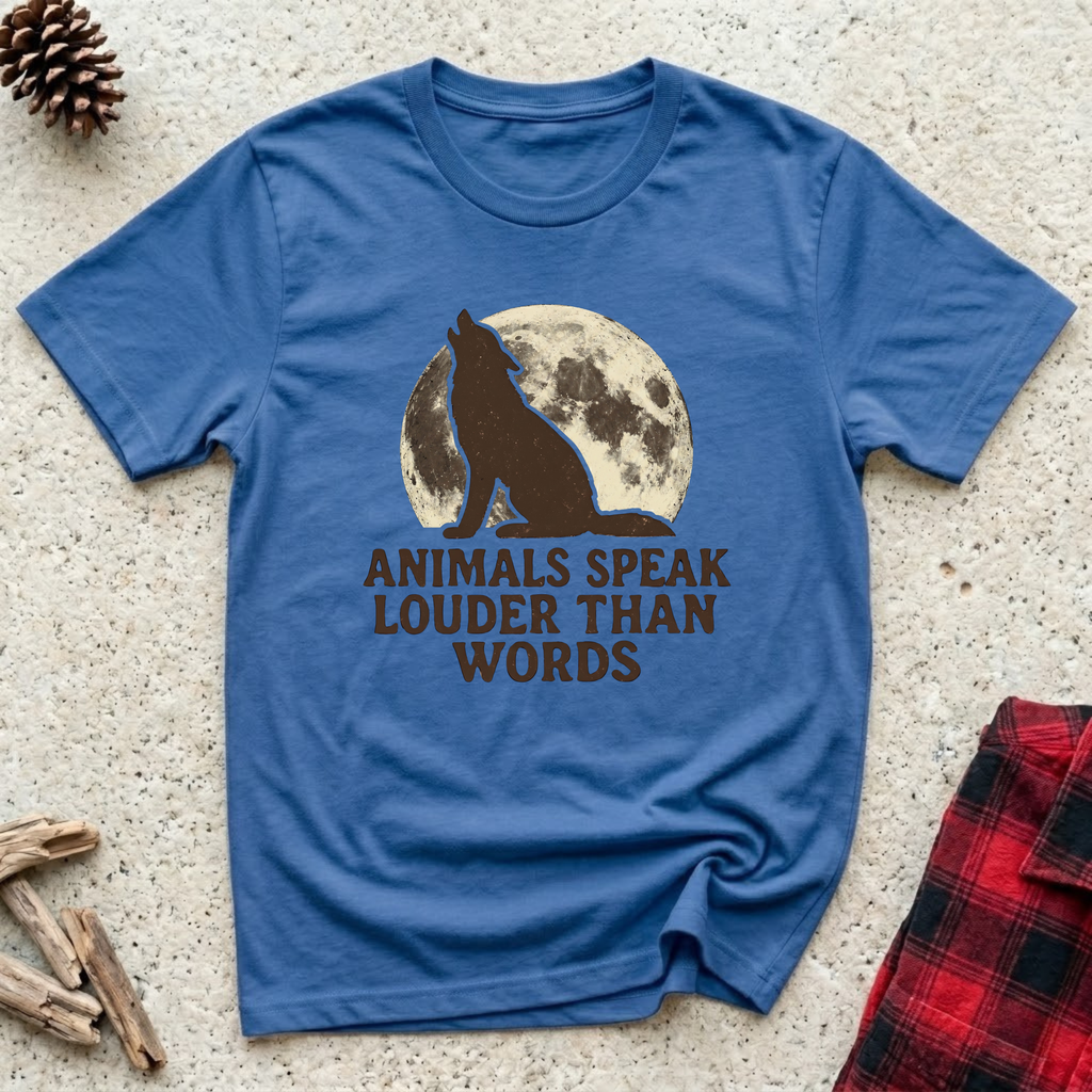 Animals Speak Louder Than Words cornflower blue t-shirt with
stunning brown wolf silhouette howling at realistic full moon,
natural earthy wildlife tee and animal lover gift