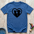 Cat and Dog Heart slate blue t-shirt with bold black silhouette
of cat and dog nestled together inside classic heart shape,
beautiful universal pet lover tee and dog mom cat mom gift