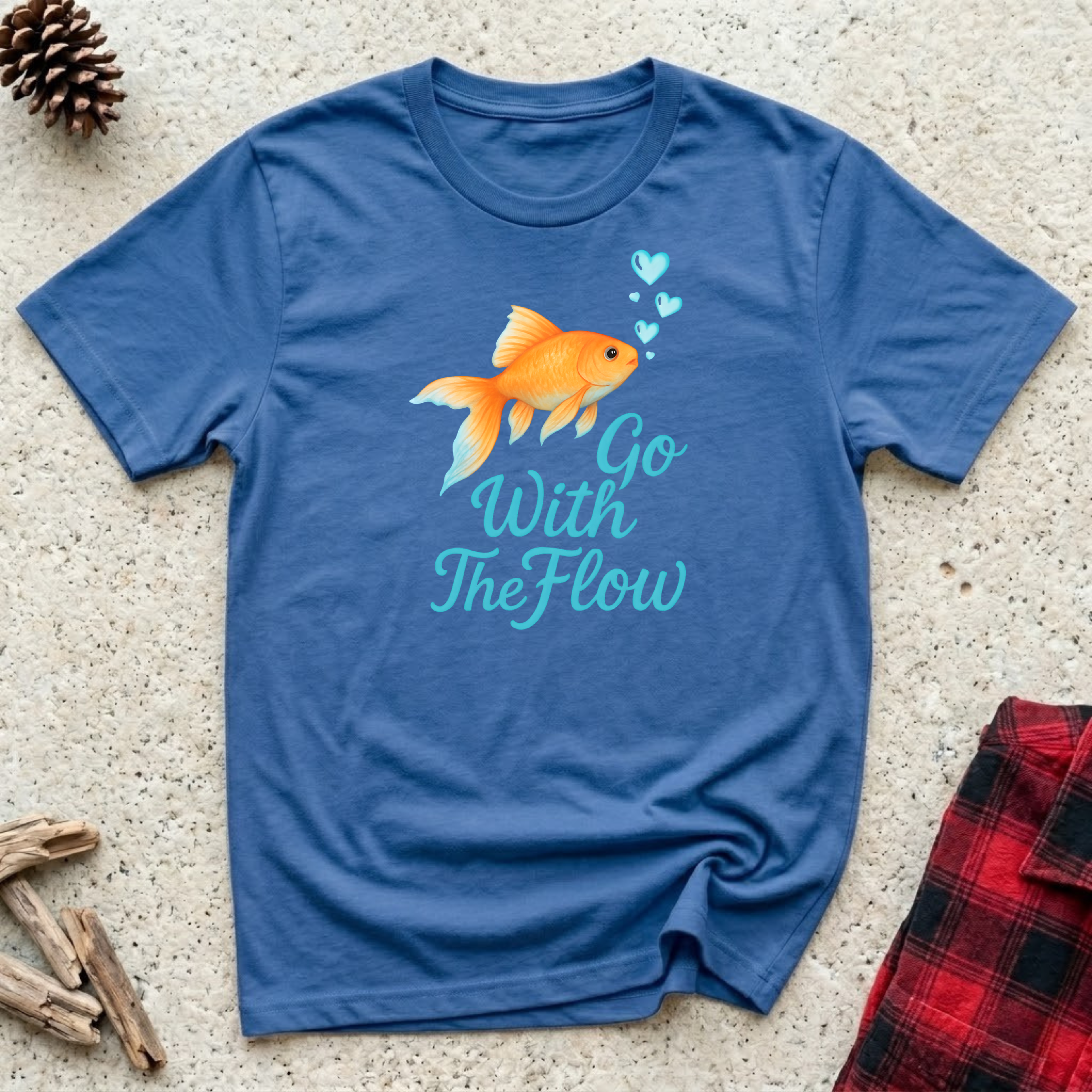 Go With The Flow cornflower blue t-shirt with stunning watercolor
goldfish in warm orange and gold blowing teal heart bubbles,
cute fish lover tee and positive mindset goldfish gift