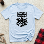 Swim Happy powder blue t-shirt with bold black graphic fish
swimming through stylized waves with strong block typography,
fresh fish lover tee and aquarium ocean swimmer gift