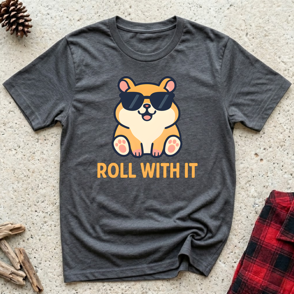 Roll With It charcoal t-shirt with adorable chubby kawaii
dog wearing sunglasses in bold golden orange,
funny Corgi dog lover tee and cool dog mom dad gift