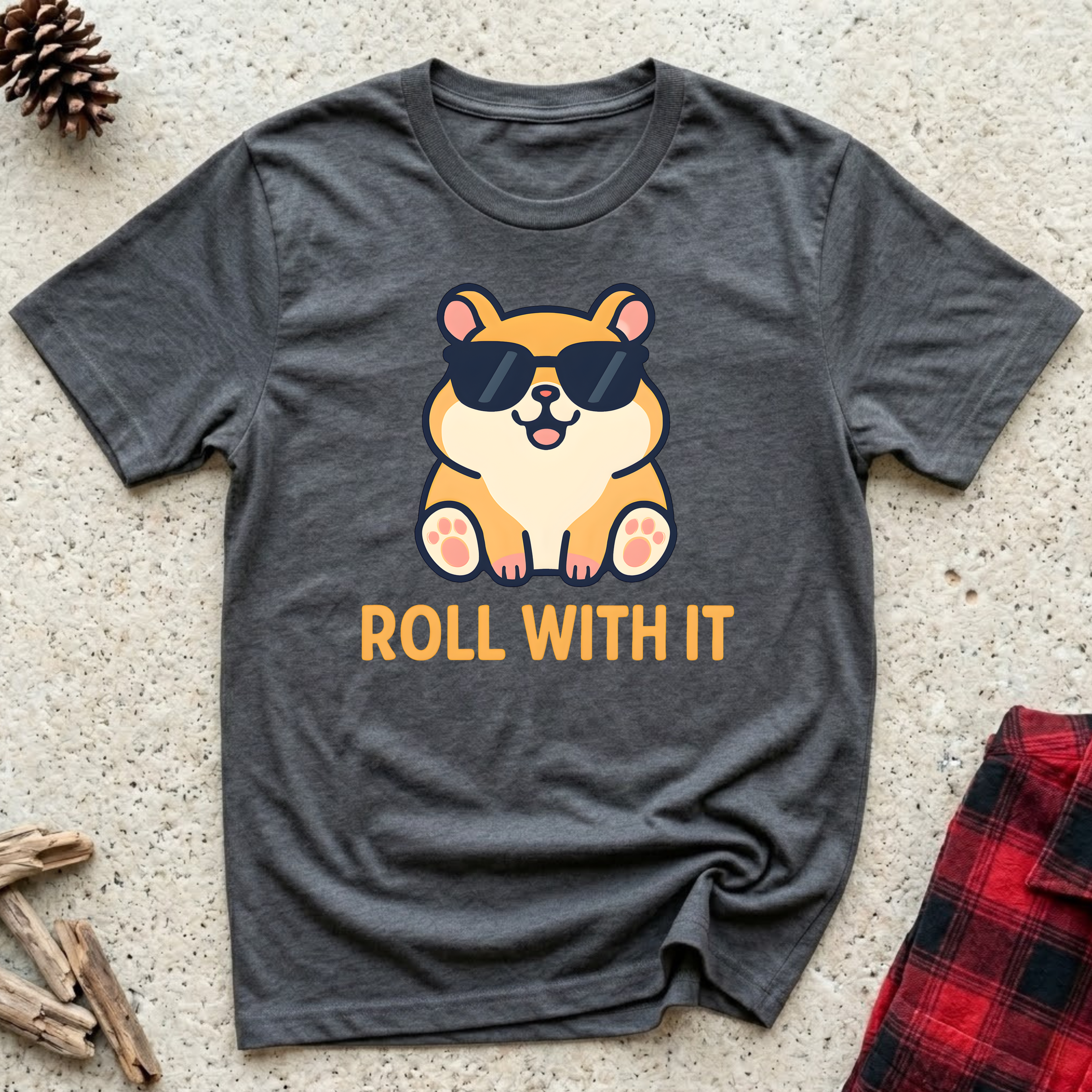 Roll With It charcoal t-shirt with adorable chubby kawaii
dog wearing sunglasses in bold golden orange,
funny Corgi dog lover tee and cool dog mom dad gift