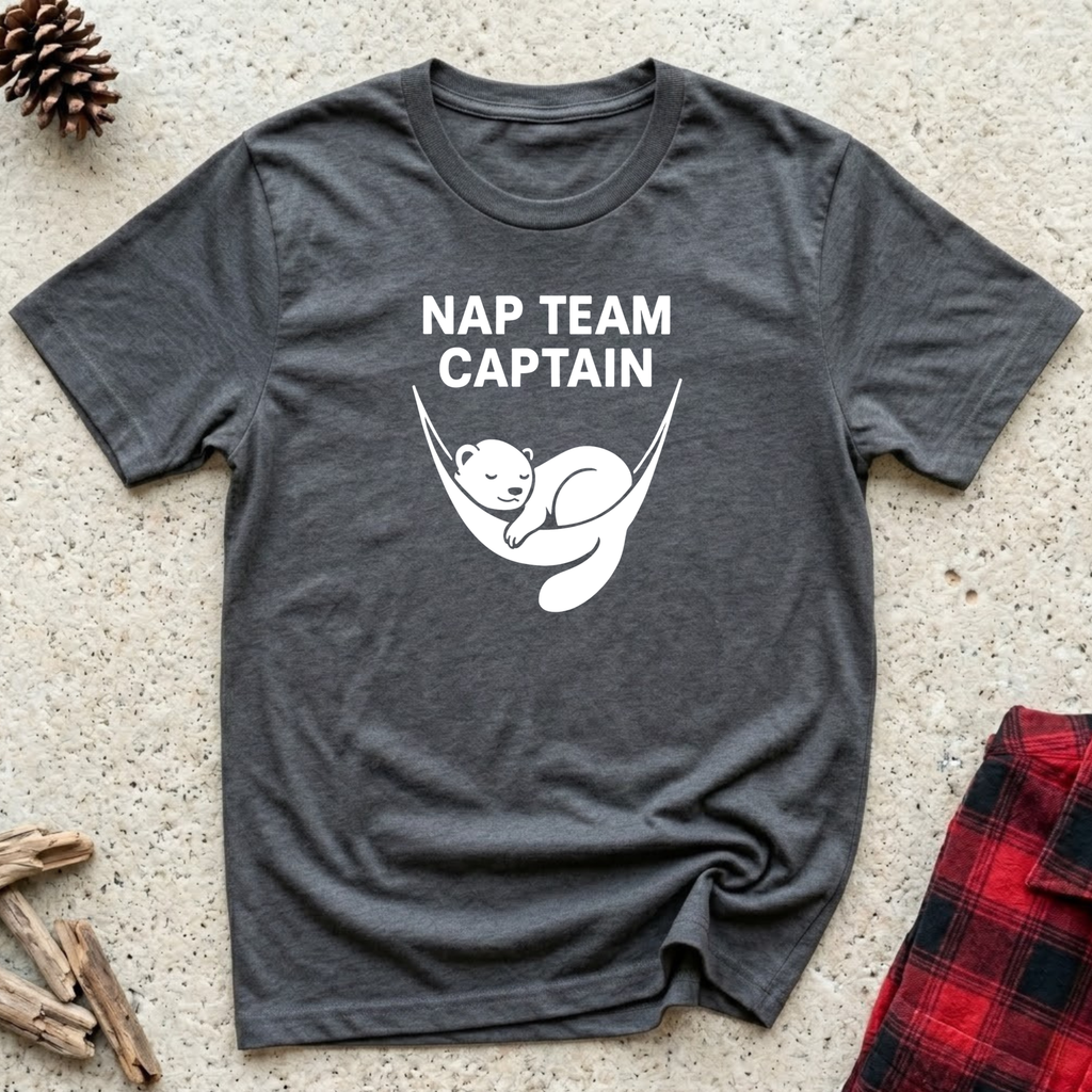 Nap Team Captain charcoal t-shirt with adorable clean white
sleeping otter curled in hammock pose, funny pet lover nap tee
and cat mom dog mom lazy day gift