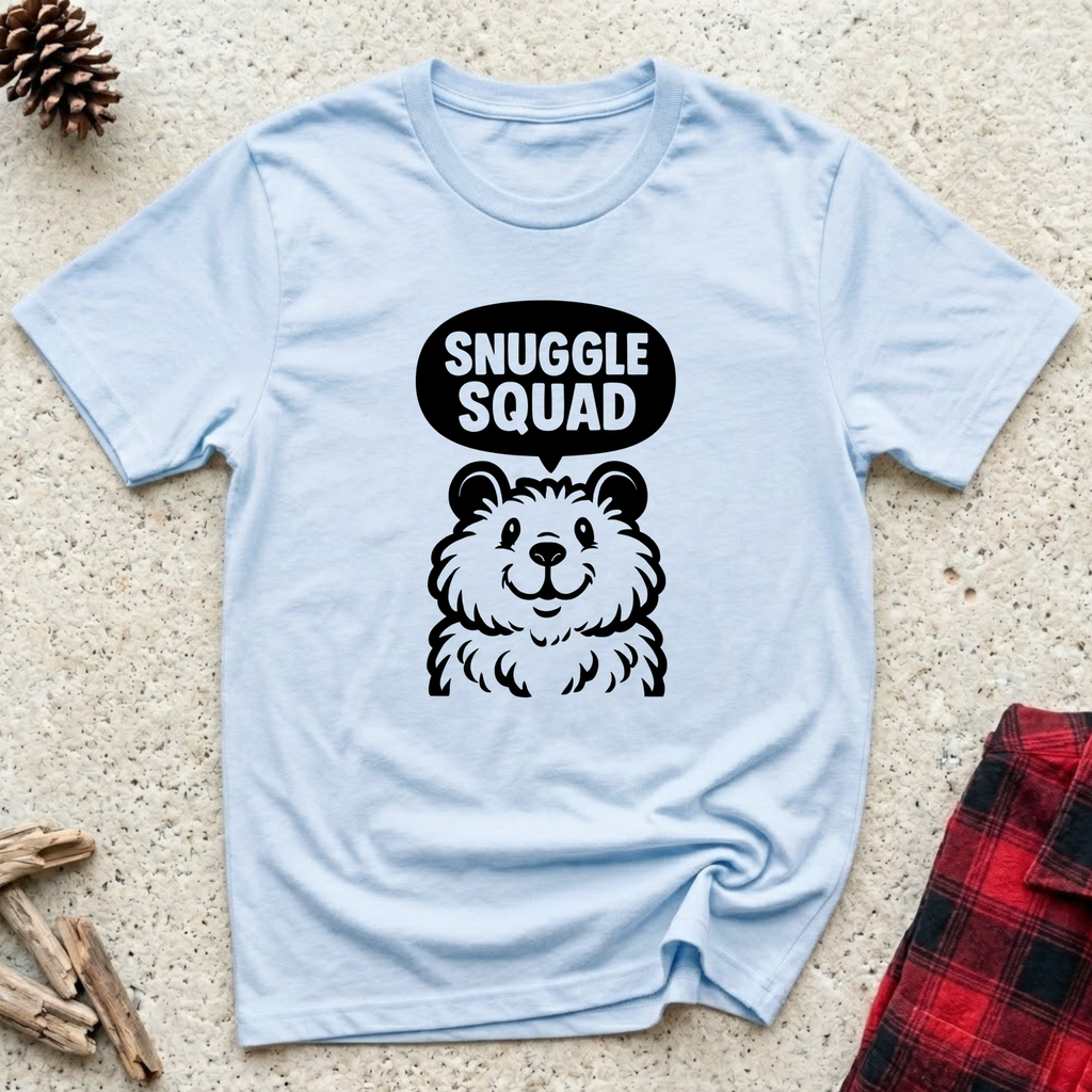 Snuggle Squad powder blue t-shirt with bold black fluffy dog
bursting from speech bubble, funny fluffy dog lover tee and
pomeranian doodle mom gift