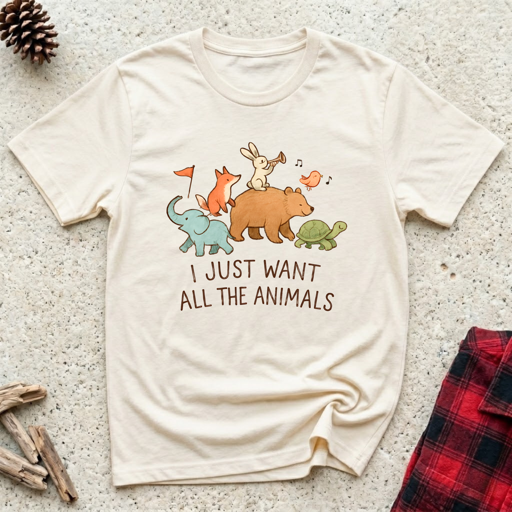 I Just Want All the Animals white t-shirt with gorgeous whimsical
watercolor illustration of bear fox rabbit elephant turtle and bird
in warm earthy tones, funny animal lover tee and wildlife gift