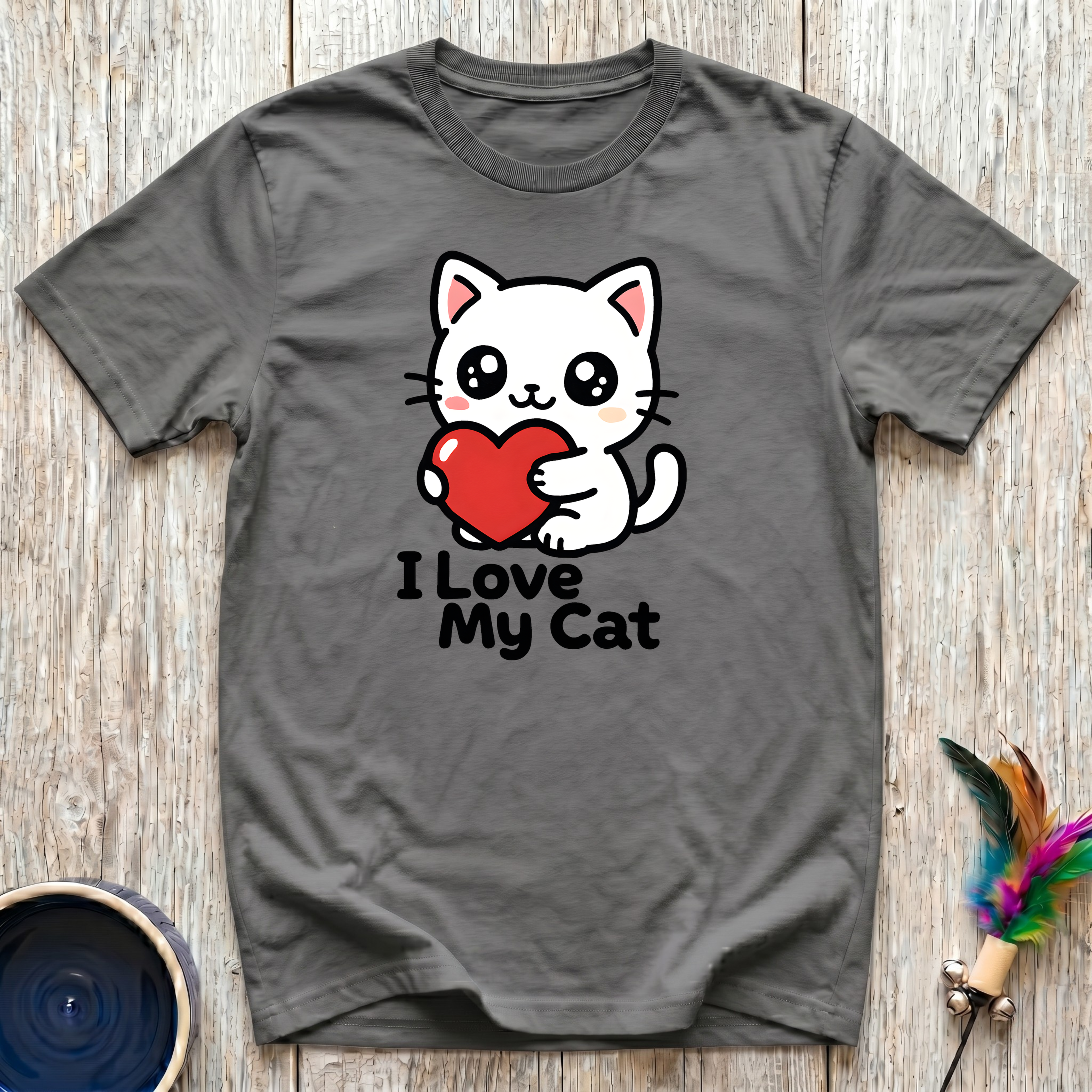 I Love My Cat military grey t-shirt with adorable kawaii white
cat hugging big red heart, cute cat lover tee and universal
cat mom dad gift