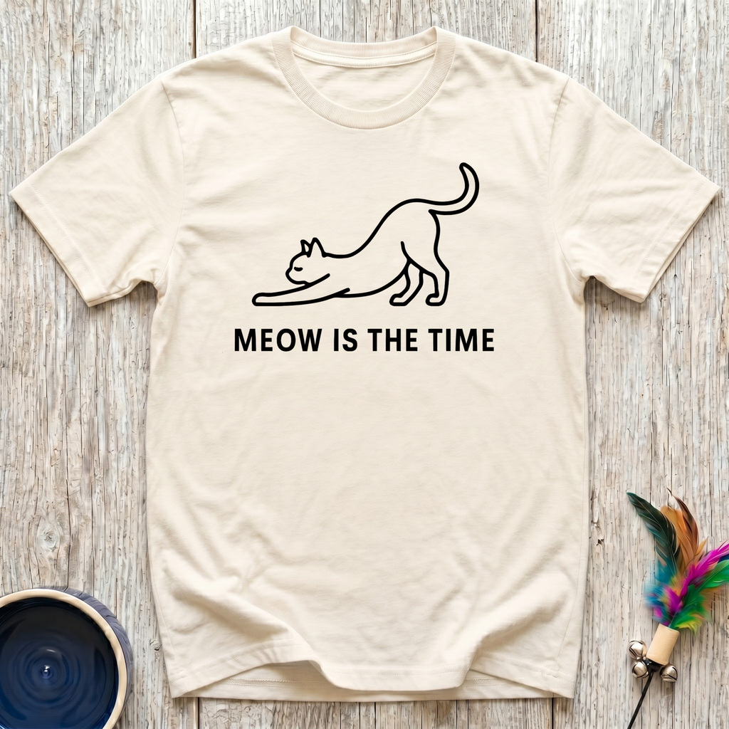 Meow Is The Time Funny Cat Lover T-Shirt – Minimalist Line Art Cat Graphic Tee for Cat Moms & Cat Dads