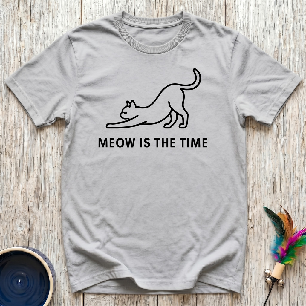 Meow Is The Time Funny Cat Lover T-Shirt – Minimalist Line Art Cat Graphic Tee for Cat Moms & Cat Dads