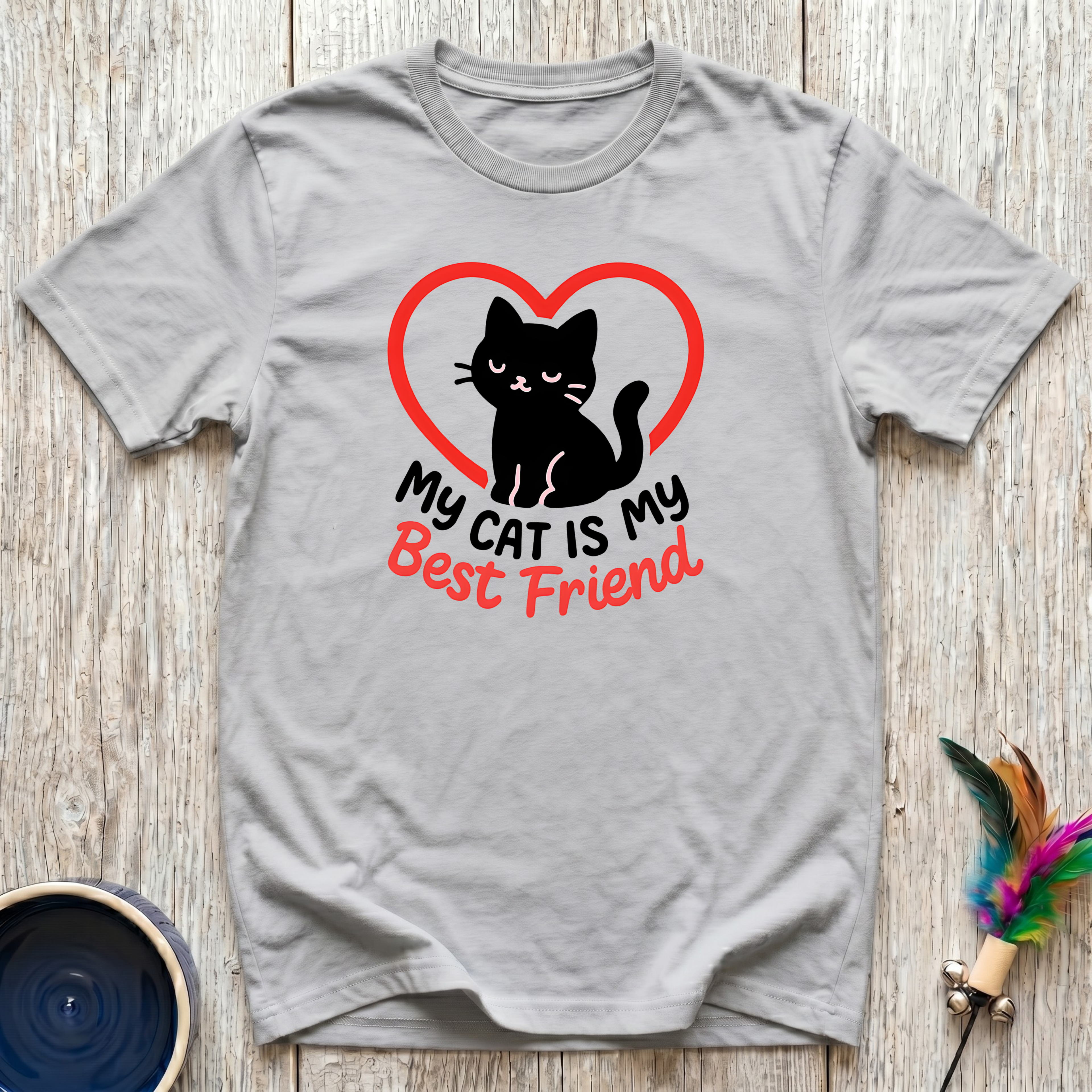 My Cat is My Best Friend heather grey t-shirt with bold black
cat silhouette inside striking red heart, cat mom tee and
black cat lover best friend gift