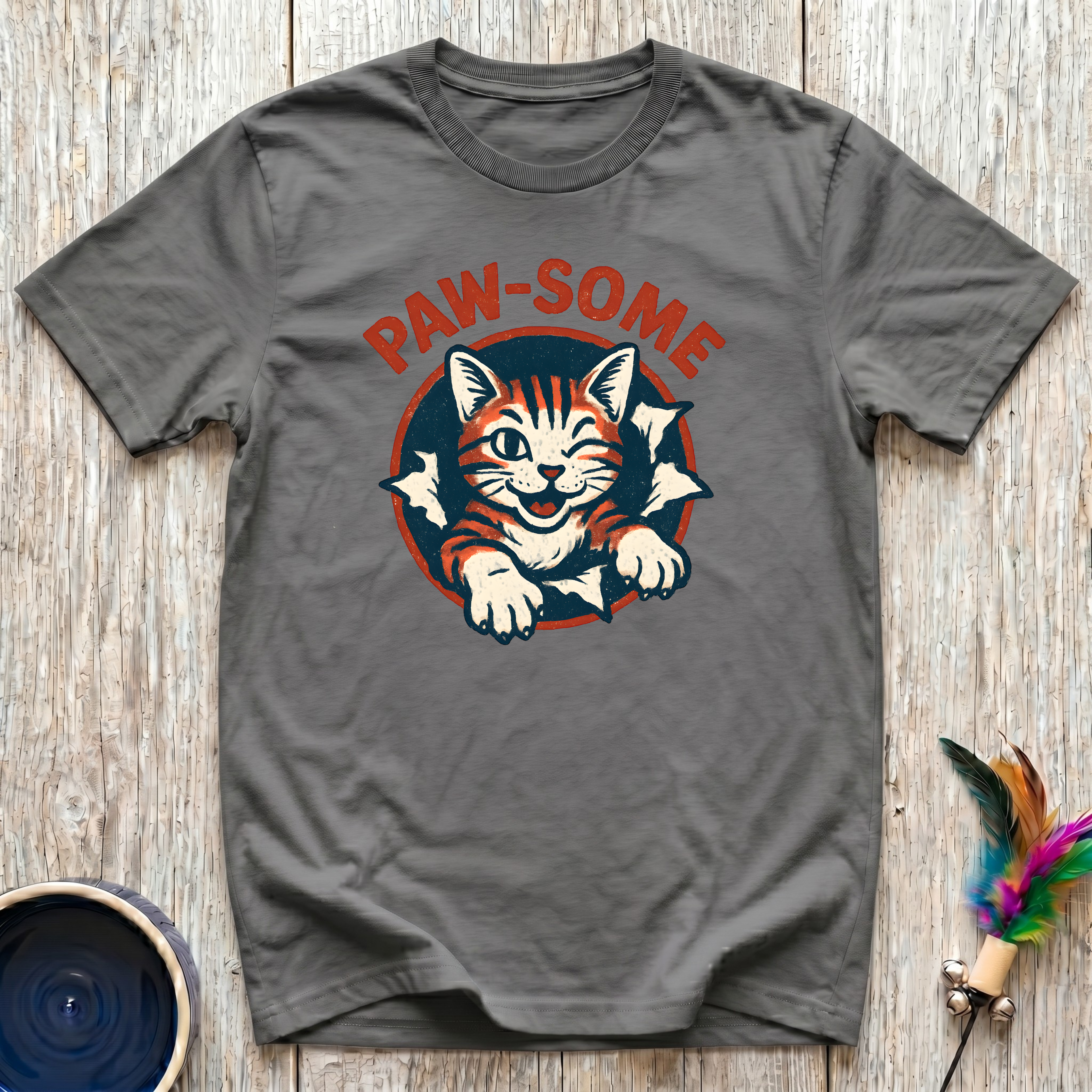 Paw-Some military olive t-shirt with bold retro vintage tabby
cat bursting through circle badge in rust orange navy and cream,
funny bold cat lover tee and cat mom gift, cat dad gift