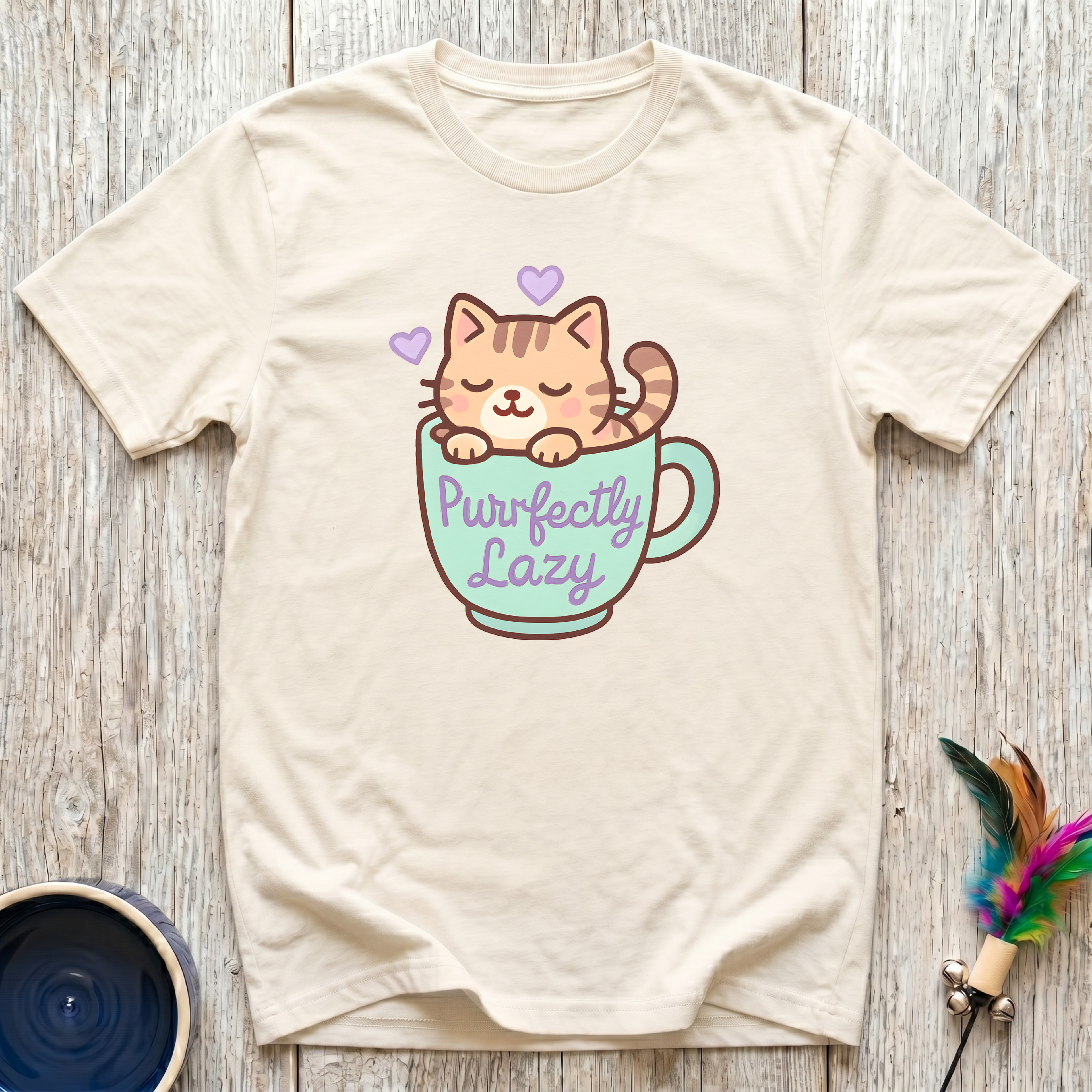 Purrfectly Lazy cream t-shirt with adorable kawaii striped cat
snuggled in teal mug with purple hearts, funny cozy cat lover
tee and cat mom kawaii gift