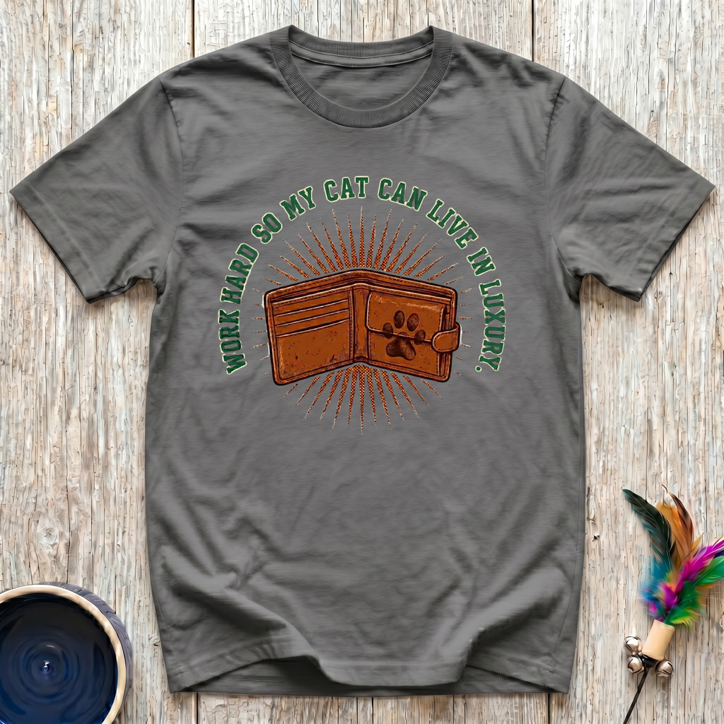 Work Hard So My Cat Can Live In Luxury olive t-shirt with
vintage leather wallet paw print sunburst design in brown green and gold,
funny cat mom tee and cat lover humor gift