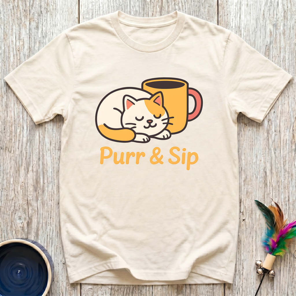 Purr & Sip T-Shirt | Funny Cat Coffee Lover Tee | Cat Mom Morning Gift
