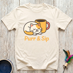 Purr & Sip T-Shirt | Funny Cat Coffee Lover Tee | Cat Mom Morning Gift
