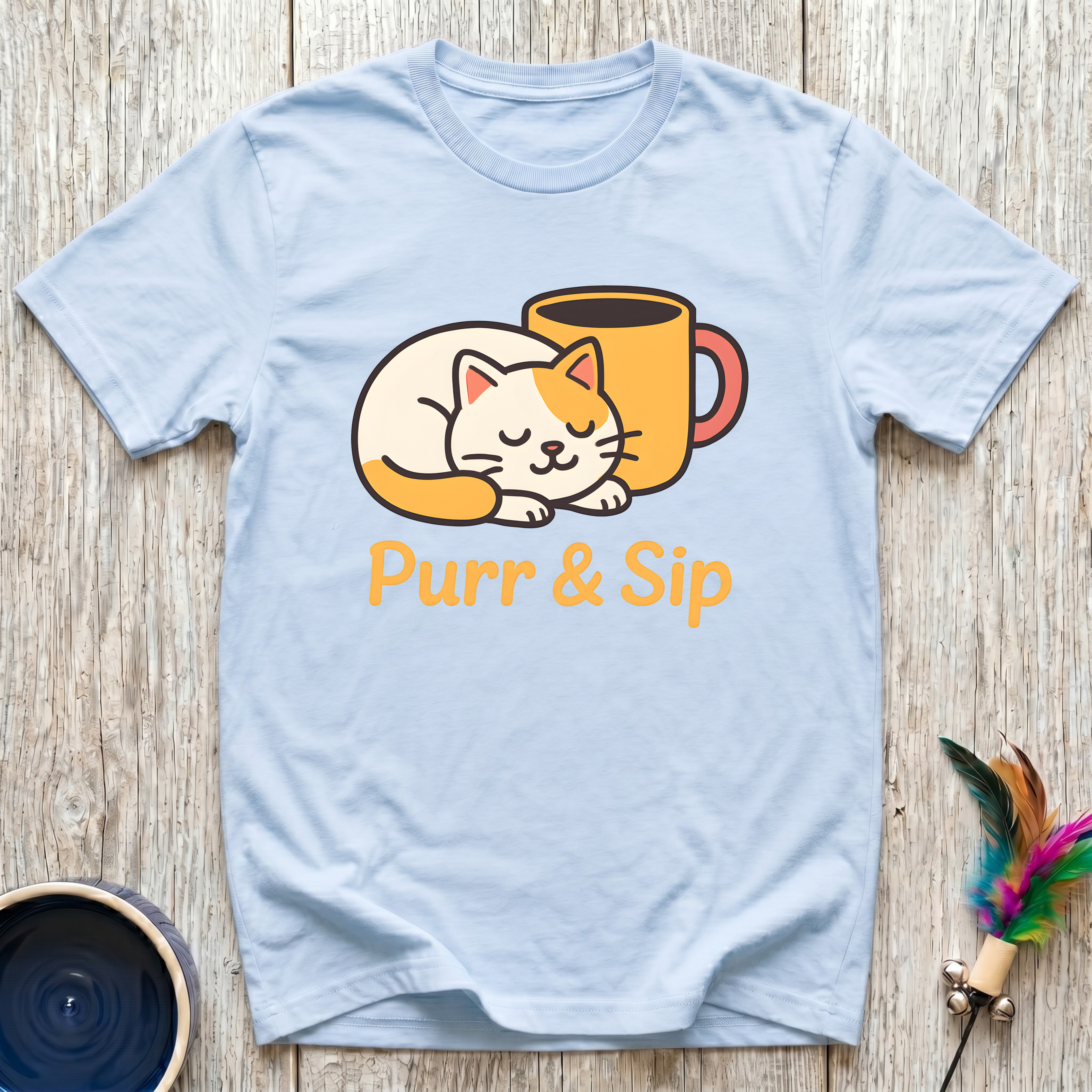 Purr & Sip T-Shirt | Funny Cat Coffee Lover Tee | Cat Mom Morning Gift