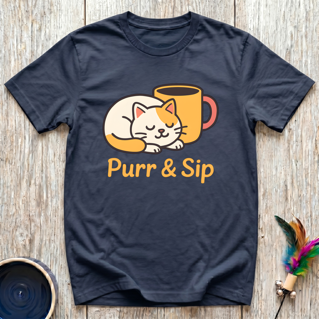 Purr & Sip T-Shirt | Funny Cat Coffee Lover Tee | Cat Mom Morning Gift