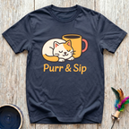 Purr & Sip T-Shirt | Funny Cat Coffee Lover Tee | Cat Mom Morning Gift