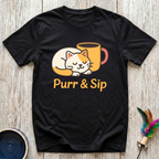 Purr & Sip T-Shirt | Funny Cat Coffee Lover Tee | Cat Mom Morning Gift