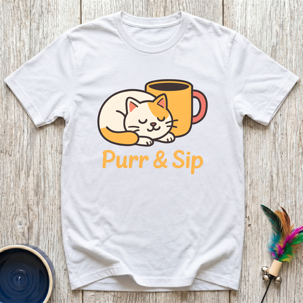 Purr & Sip T-Shirt | Funny Cat Coffee Lover Tee | Cat Mom Morning Gift