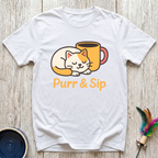 Purr & Sip T-Shirt | Funny Cat Coffee Lover Tee | Cat Mom Morning Gift