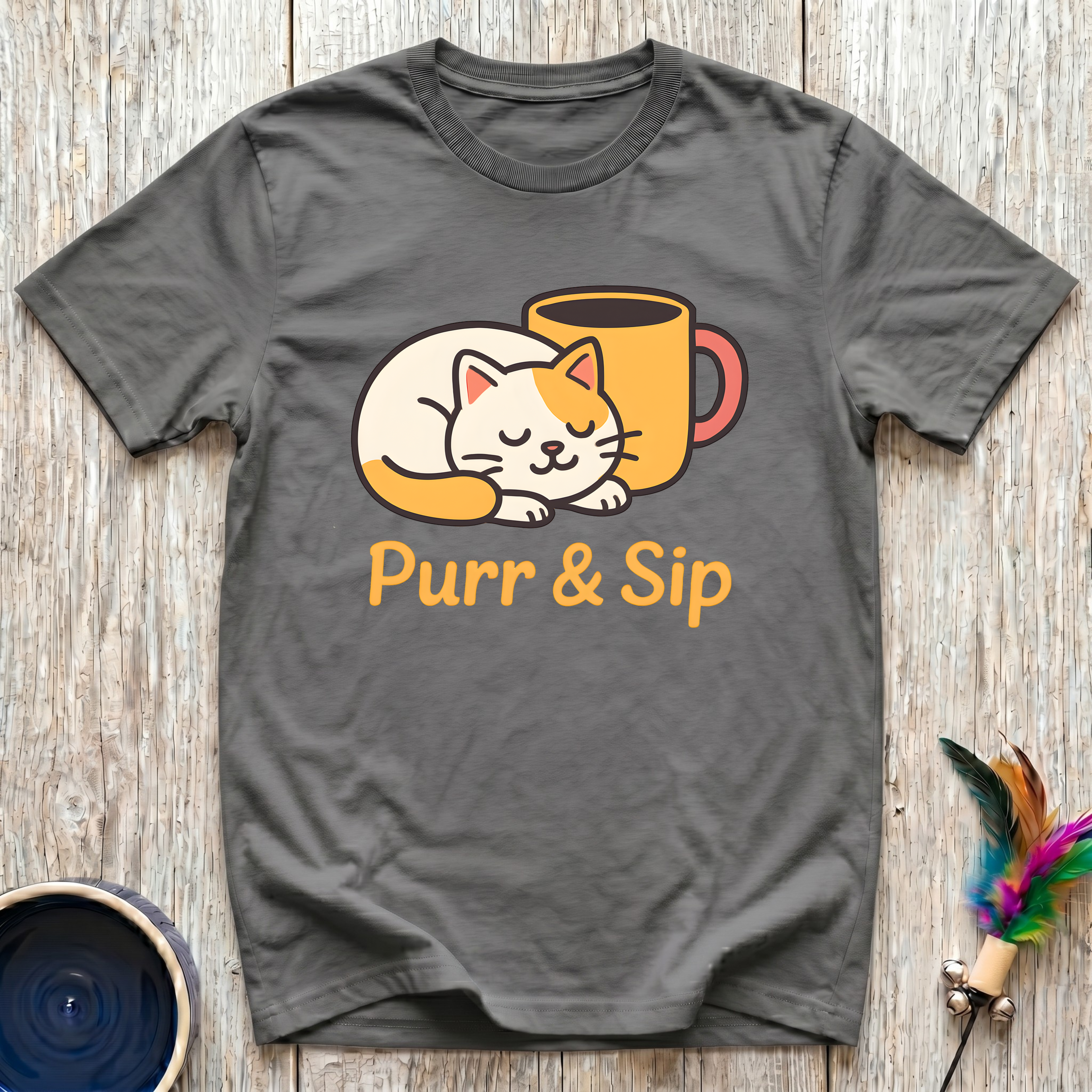 Purr and Sip charcoal t-shirt with adorable kawaii cat curled
beside steaming golden coffee mug in warm orange and cream,
funny cat coffee lover tee and cat mom morning gift