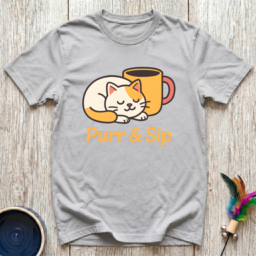 Purr & Sip T-Shirt | Funny Cat Coffee Lover Tee | Cat Mom Morning Gift